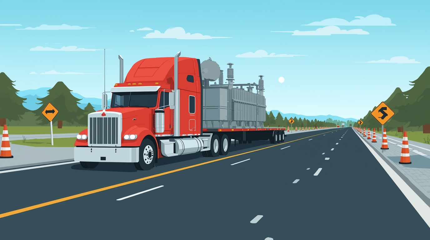 Red truck transporting a large power transformer on a highway